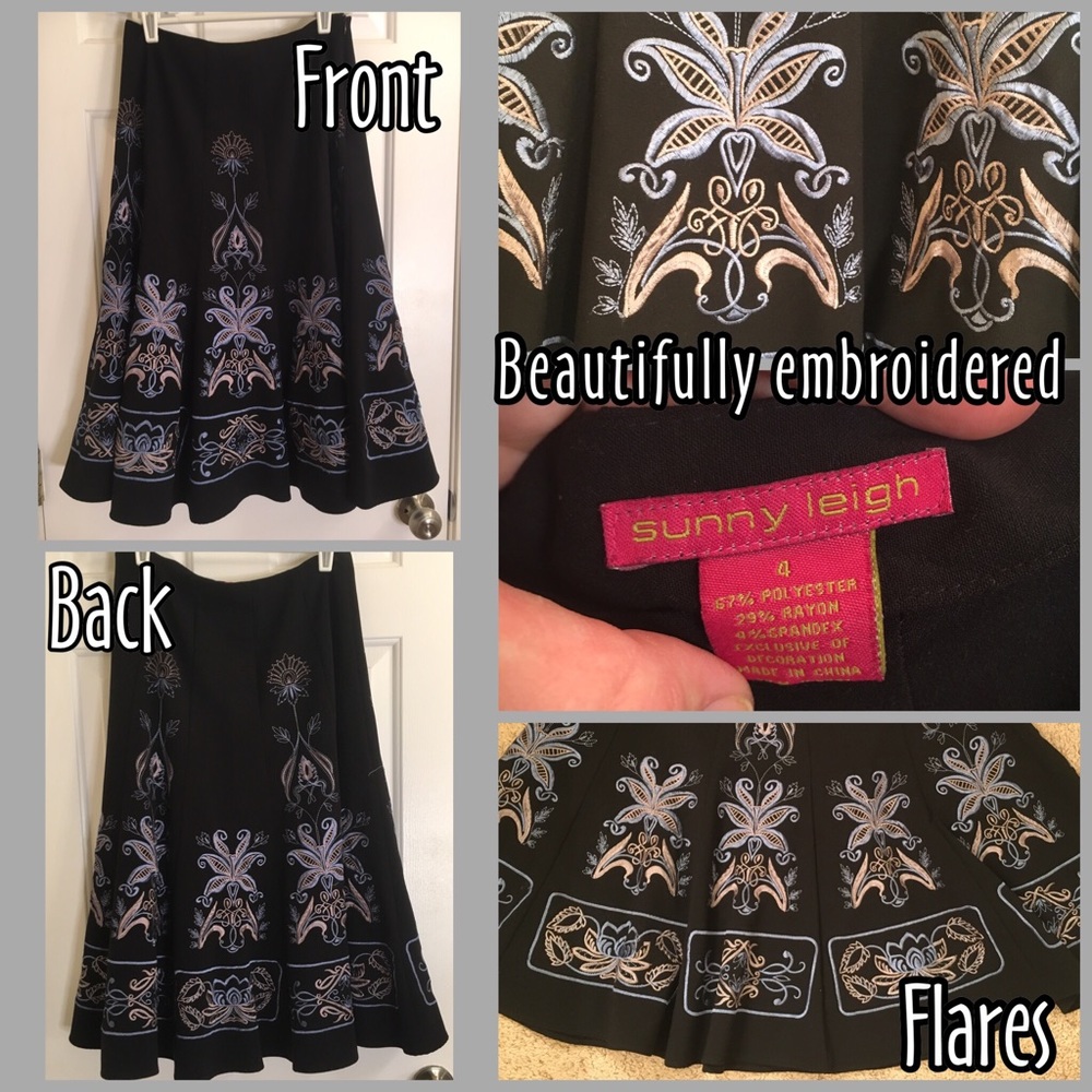 Black skirt with embroidered embellishments.